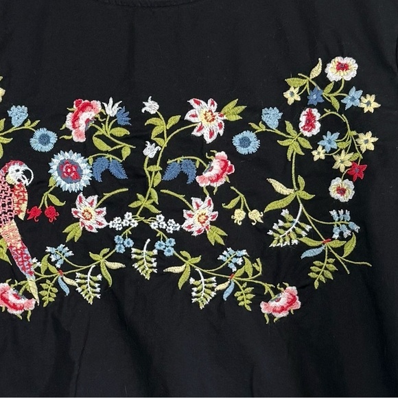 Loft Parrot Jungle Bell Mid Sleeve Embroidered Colorful Floral Black Shirt Top - Picture 4 of 12
